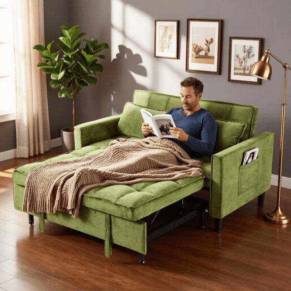 BSHTI 53.94" Pull-Out Sleeper Sofa Bed with Velvet Upholstery, 3-Position Reclining Back, Solid Wood Frame for Apartment/Office, Office(Olive Green)