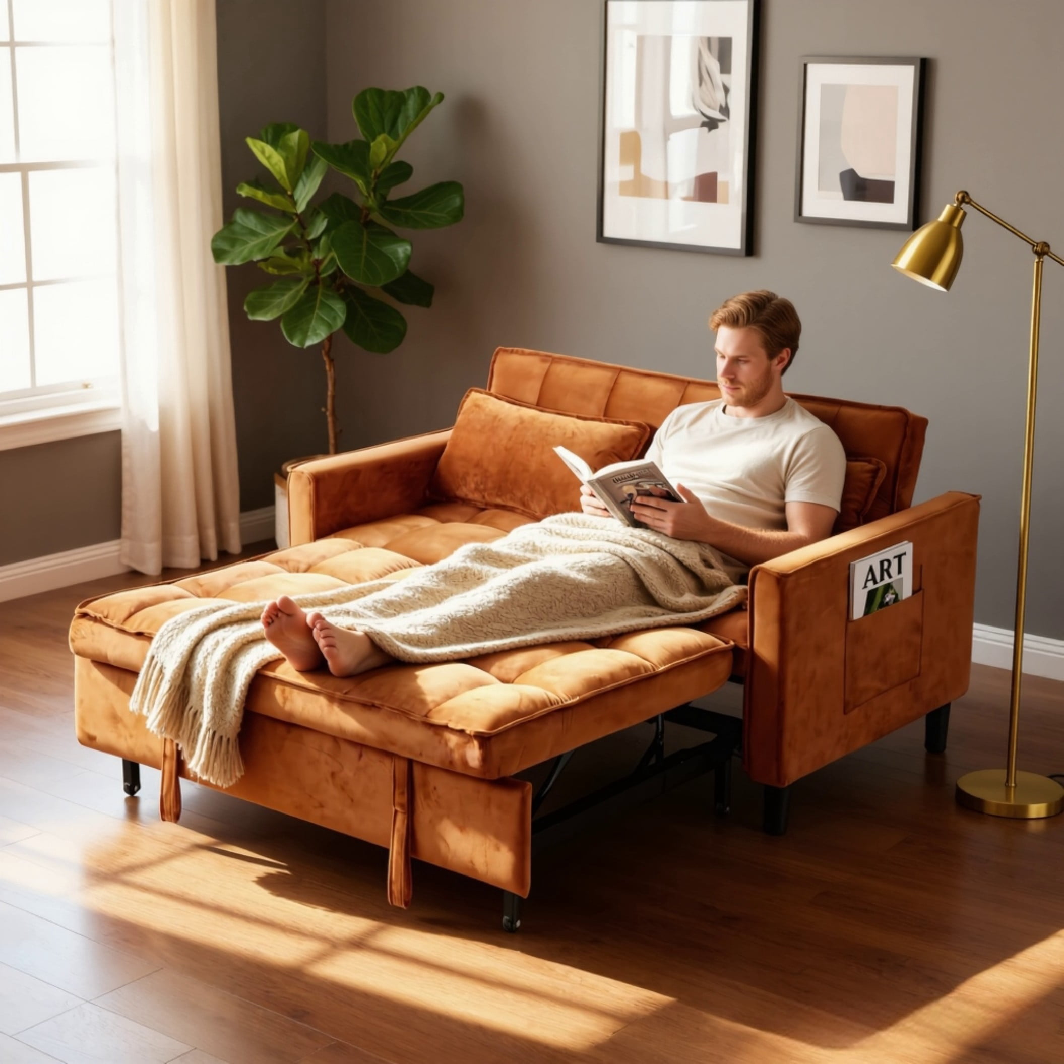 BSHTI 53.94" Pull-Out Sleeper Sofa Bed with Twin Size Bed – Velvet Upholstery, 3-Position Reclining Back, Solid Wood Frame, Side Storage Pocket, for Small Spaces, Apartment, Office,Antique Gold
