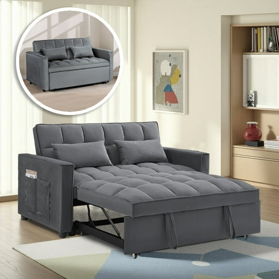 BSHTI 54" Fold out Sleeper Sofa Bed,Convertible Twin-Size Bed,With 3 Angles Adjustable Backres,Velvet Upholstery,Easy Assembly, Dark Grey