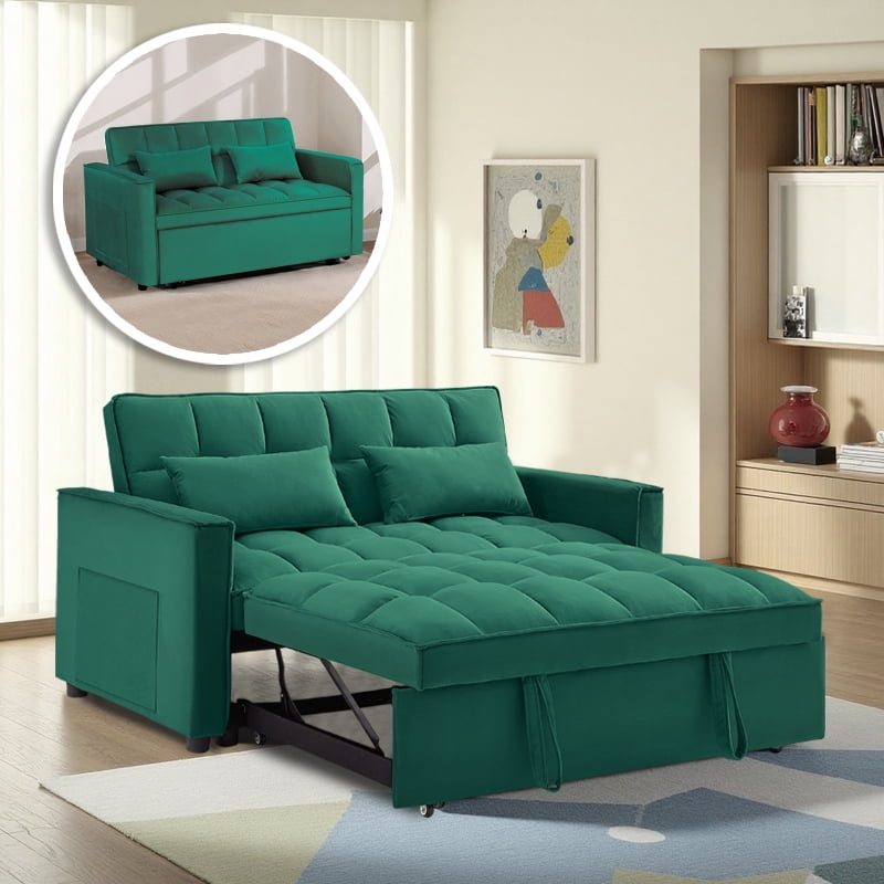BSHTI 54" Fold out Sleeper Sofa Bed,Convertible Twin-Size Bed,With 3 Angles Adjustable Backres,Velvet Upholstery,Easy Assembly, Green