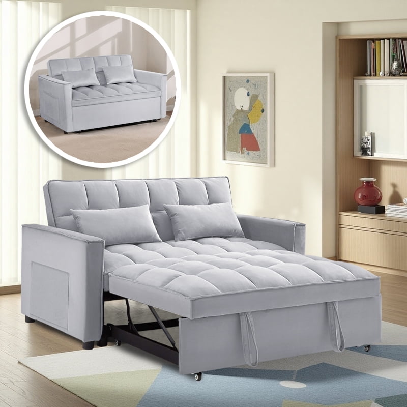 BSHTI 54" Fold out Sleeper Sofa Bed,Convertible Twin-Size Bed,With 3 Angles Adjustable Backres,Velvet Upholstery,Easy Assembly, Light Gray