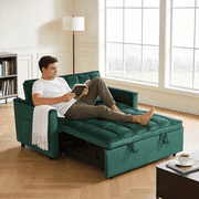 BSHTI 54" Pull-Out Sleeper Sofa Bed – Converts to Twin Size Bed with 3 Adjustable Angles, Velvet Upholstery, Solid Wood Frame, Side Pocket Storage, 2 Pillows Included,Green