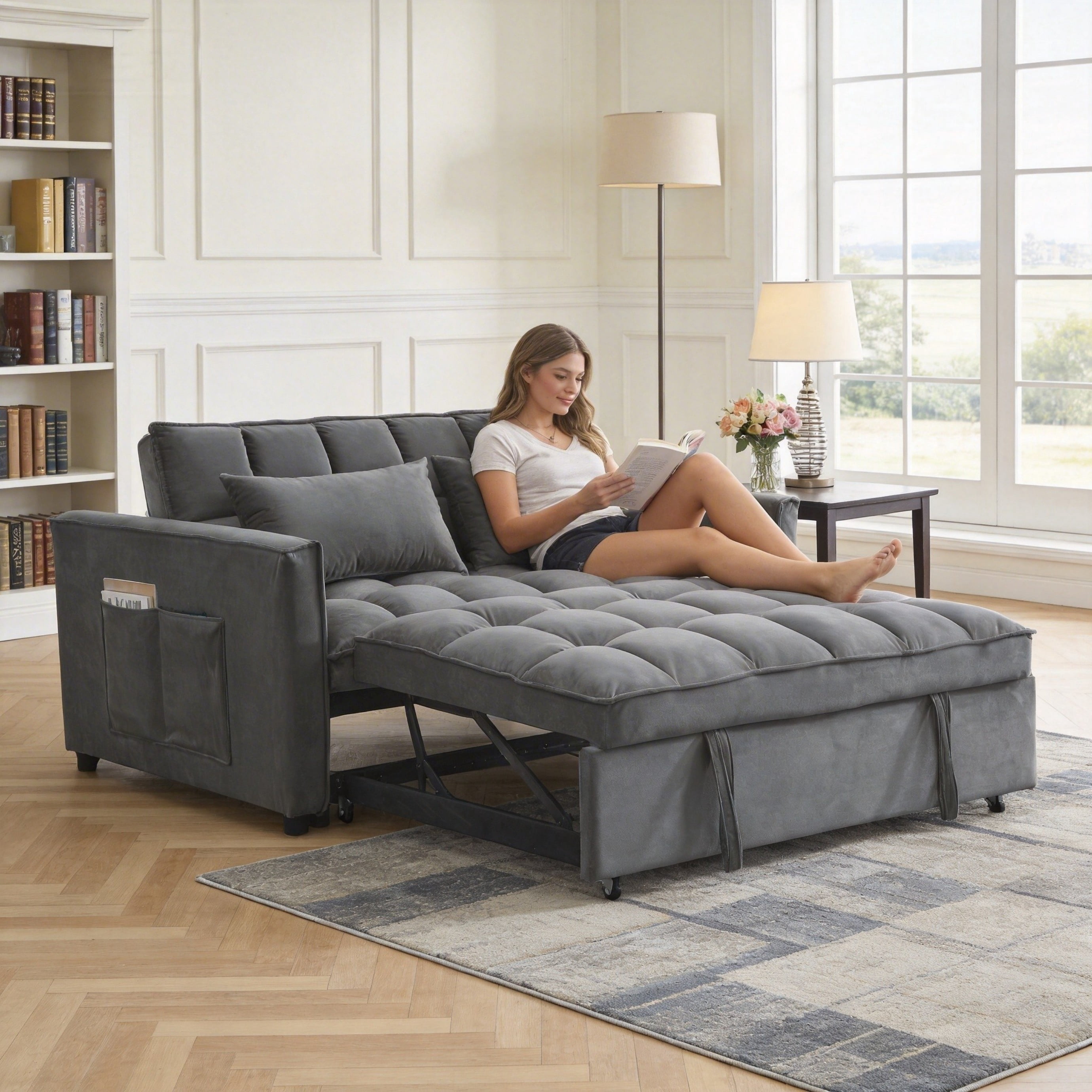BSHTI 54" Pull-Out Sleeper Sofa Bed, Twin Size with Solid Wood Frame, 3-Position Reclining Back, Velvet Upholstery with Piping, Side Pocket Storage, 2 Pillows Included,Dark grey