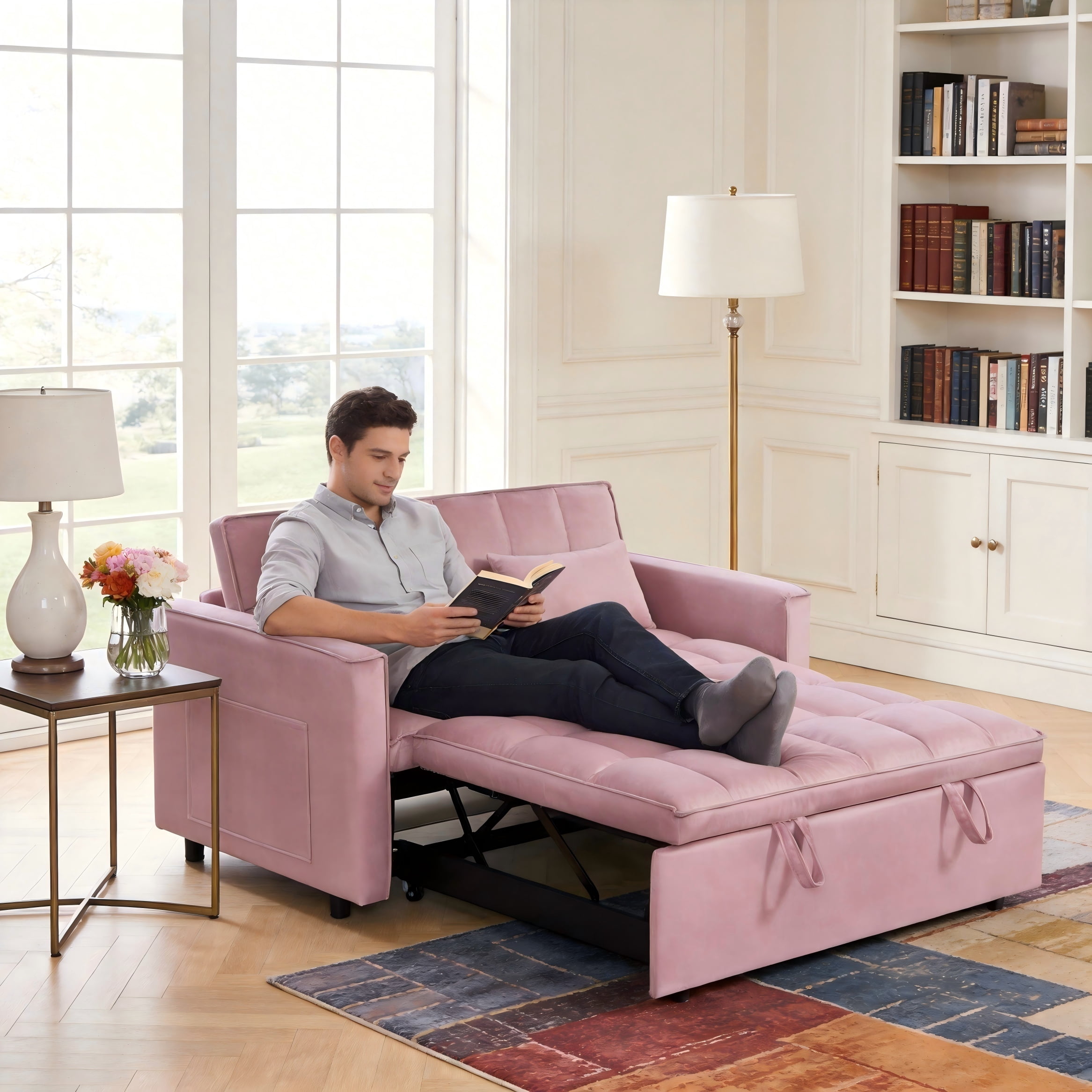 BSHTI 54" Pull-Out Sleeper Sofa Bed, Twin Size with Solid Wood Frame, 3-Position Reclining Back, Velvet Upholstery with Piping, Side Pocket Storage, 2 Pillows Included,Pink