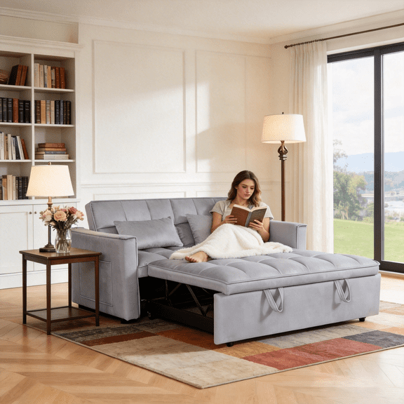BSHTI 54" Pull-Out Sleeper Sofa Bed – Twin Size with 3 in 1 Convertible Sofa Bed, with Adjustable Backrest, Velvet Upholstery, Side Pocket Storage, Easy Assembly,Light Grey