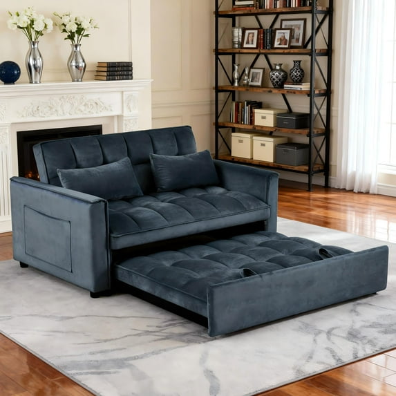 BSHTI 52.75” Pull-out Sleeper Sofa Bed,Solid Wood Frame,3 Adjustable Rreclining Angles,Two Matching Pillows,Easy Assembly,Velvet Fabric Loveseat,Black