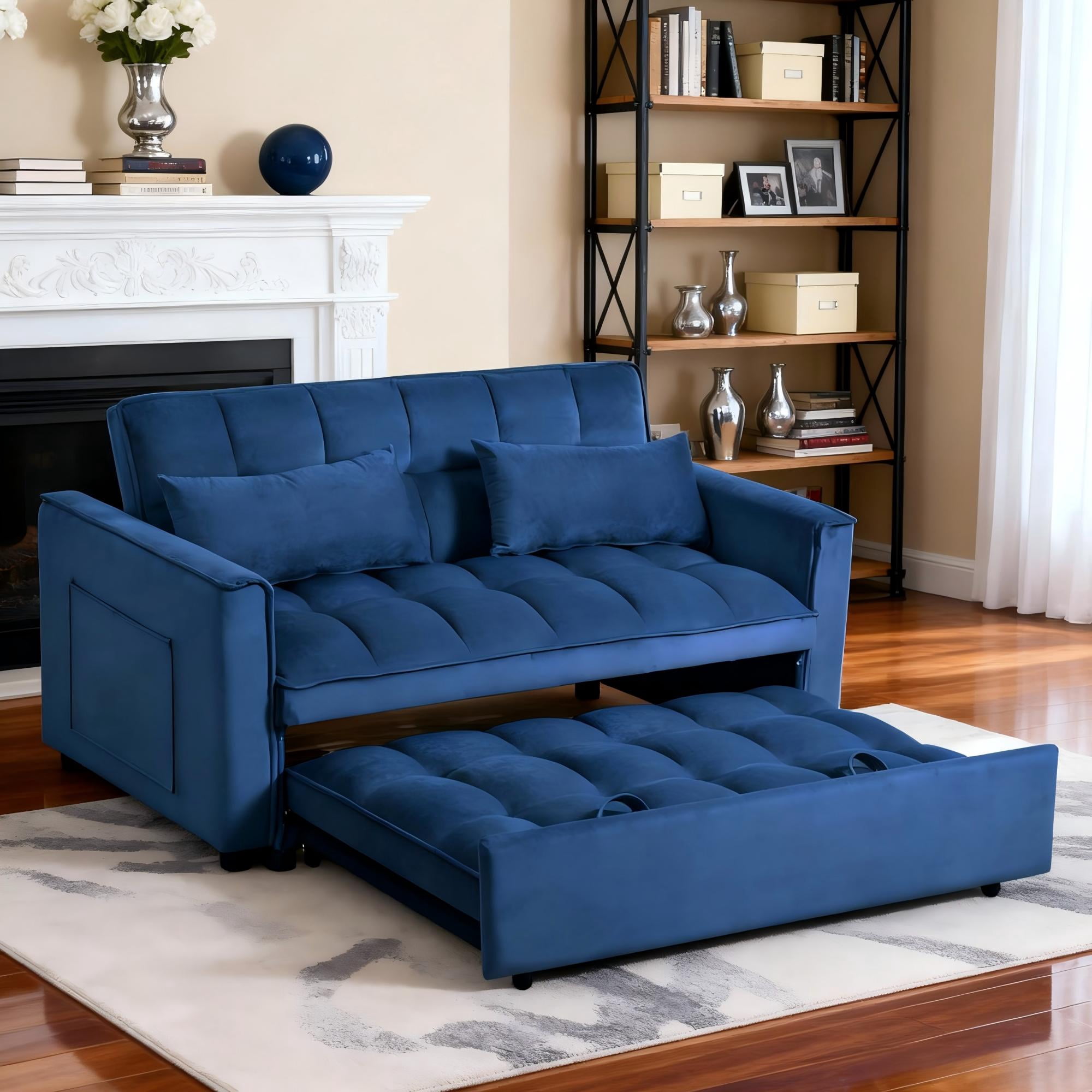 BSHTI 52.75” Pull-out Sleeper Sofa Bed,Solid Wood Frame,3 Adjustable Rreclining Angles,Two Matching Pillows,Easy Assembly,Velvet Fabric Loveseat,Dark Blue