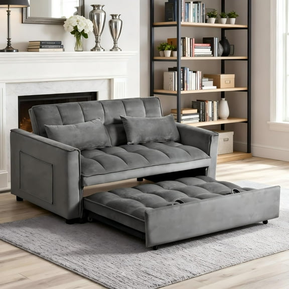 BSHTI 52.75” Pull-out Sleeper Sofa Bed,Solid Wood Frame,3 Adjustable Rreclining Angles,Two Matching Pillows,Easy Assembly,Velvet Fabric Loveseat,Medium Gray