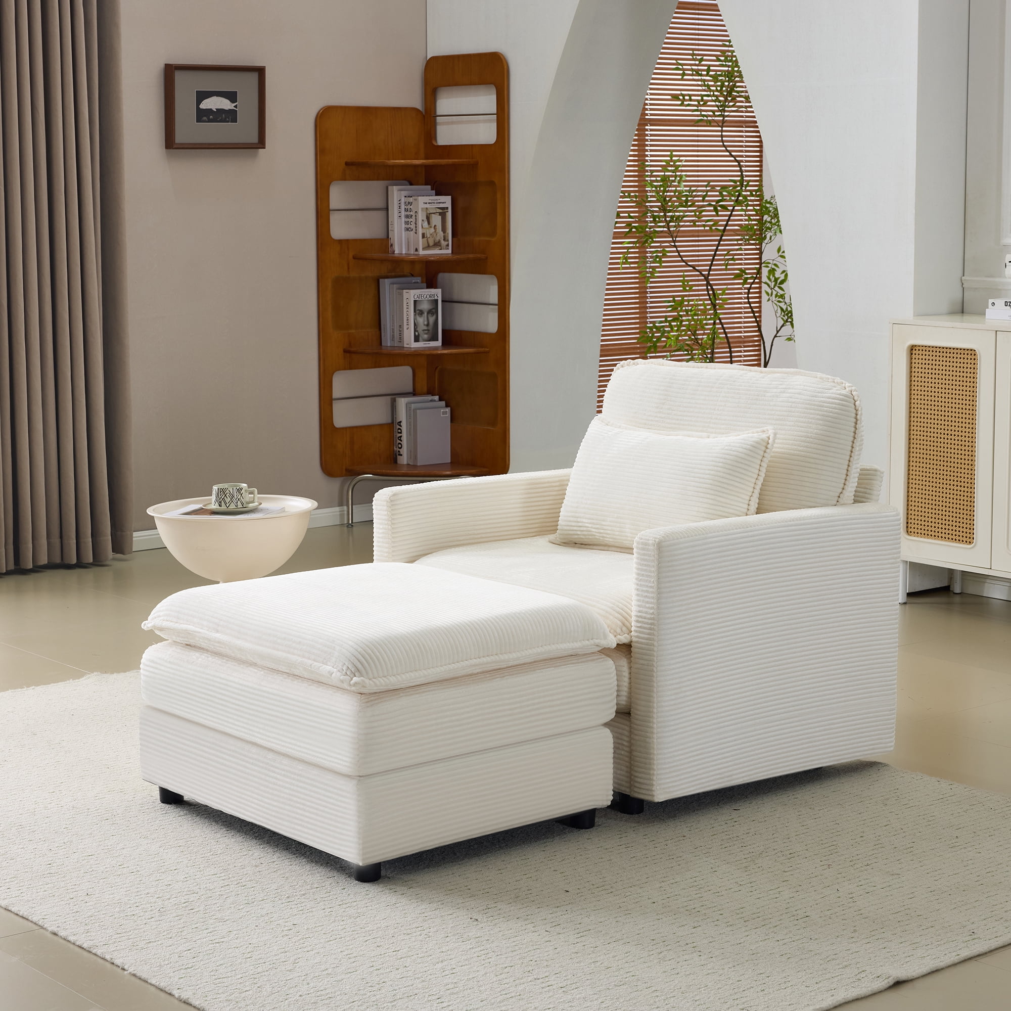 BSHTI 54 inch Corduroy Cloud Sofa, Modular Single Lounge Chair with Ottoman, Modern Living Room Sofa for Living Room, Bedroom, Home Studio (Beige)