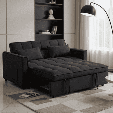 BSHTI 52.75-inch Pull-out Sleeper Sofa Bed, Velvet Upholstery, Solid Wood Frame, 3-Angle Adjustable Backrest, Storage Side Pocket, Twin-Size Bed, Black