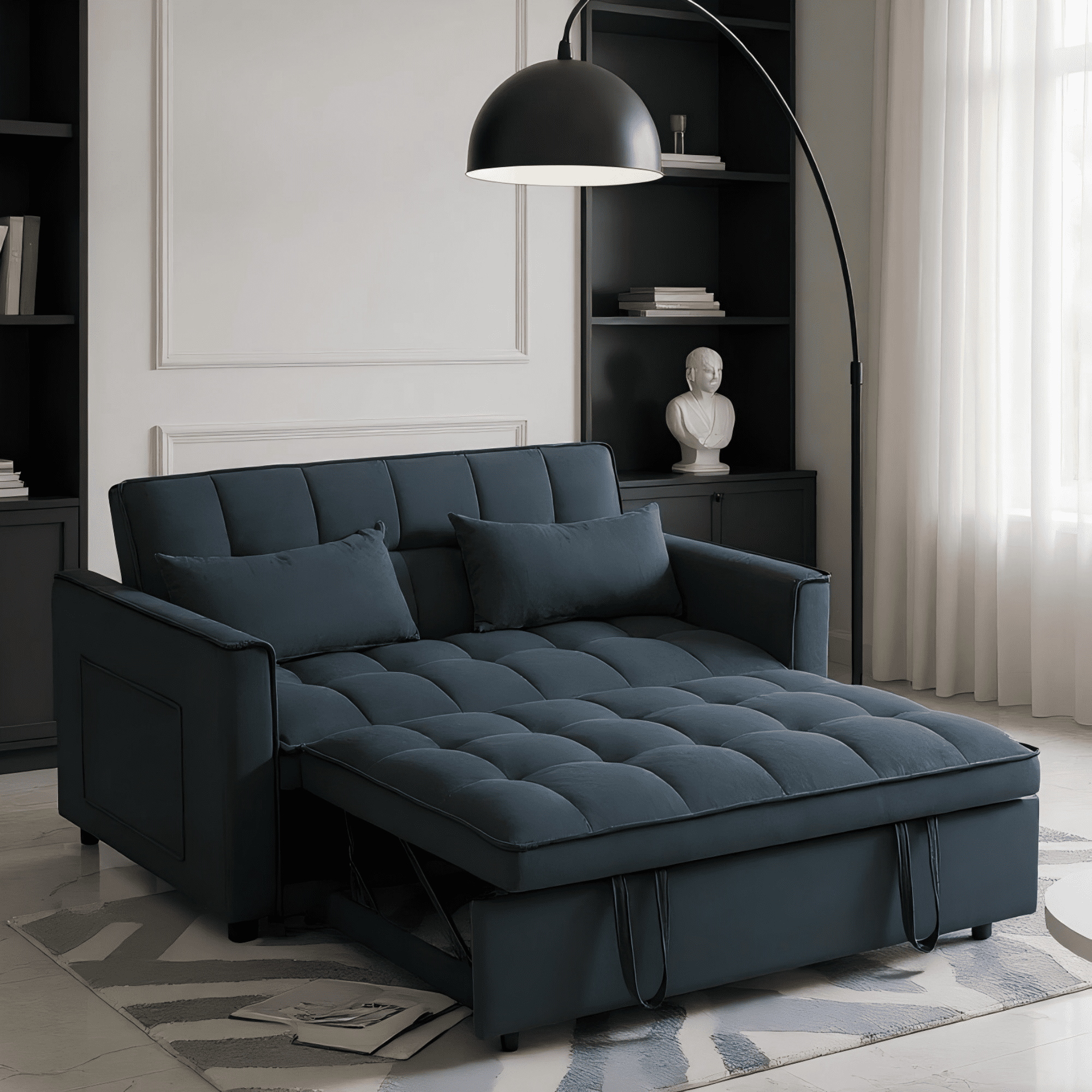 BSHTI 52.75-inch Pull-out Sleeper Sofa Bed, Velvet Upholstery, Solid Wood Frame, 3-Angle Adjustable Backrest, Storage Side Pocket, Twin-Size Bed, Black