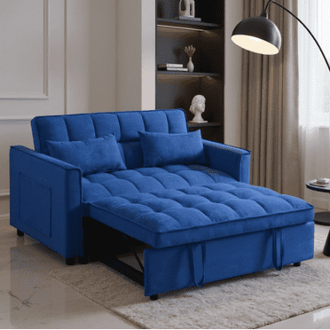 BSHTI 52.75-inch Pull-out Sleeper Sofa Bed, Velvet Upholstery, Solid Wood Frame, 3-Angle Adjustable Backrest, Storage Side Pocket, Twin-Size Bed, Dark Blue