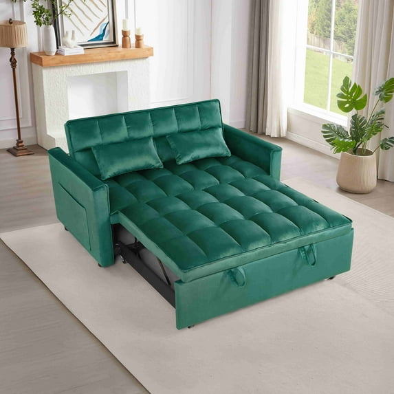 BSHTI 54-inch Pull-out Sleeper Sofa Bed, Velvet Upholstery, Solid Wood Frame, 3-Angle Adjustable Backrest, Storage Side Pocket, Twin-Size Bed, Green