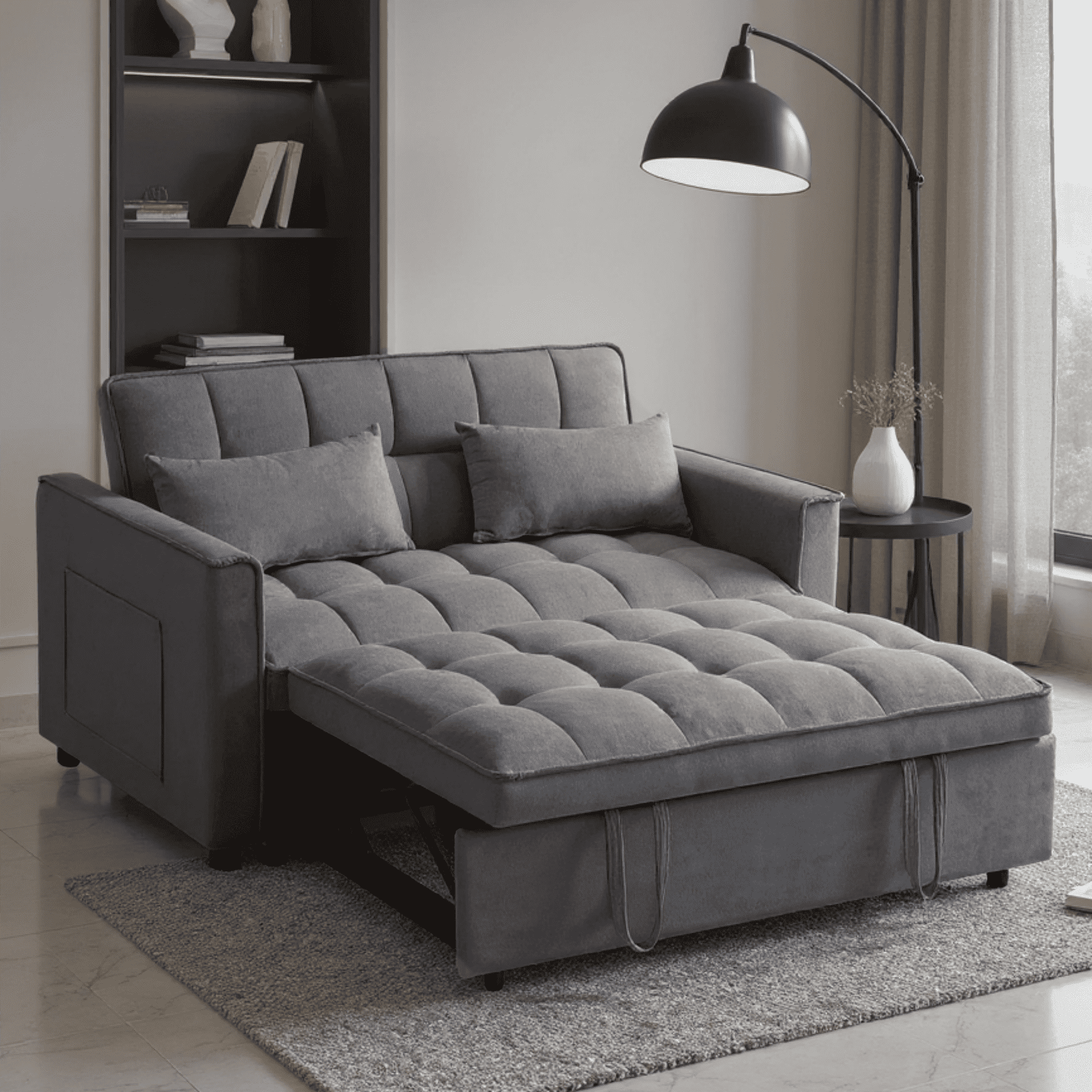 BSHTI 52.75-inch Pull-out Sleeper Sofa Bed, Velvet Upholstery, 3-Angle Adjustable Backrest, Storage Side Pocket, Twin-Size Loveseat Futon Sofa, Medium Gray