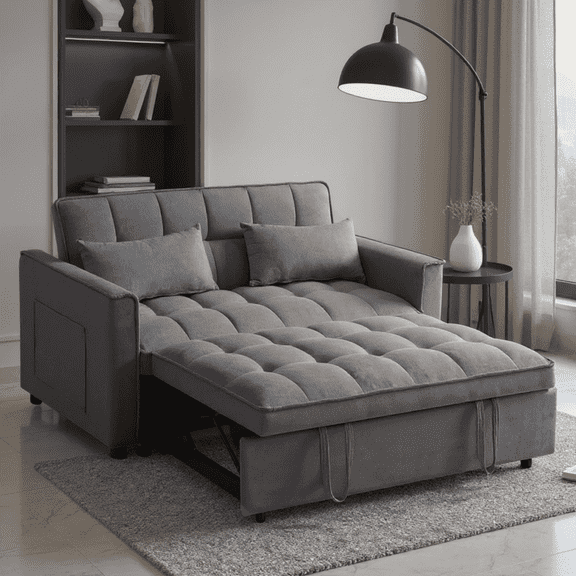 BSHTI 52.75-inch Pull-out Sleeper Sofa Bed, Velvet Upholstery, 3-Angle Adjustable Backrest, Storage Side Pocket, Twin-Size Loveseat Futon Sofa, Medium Gray