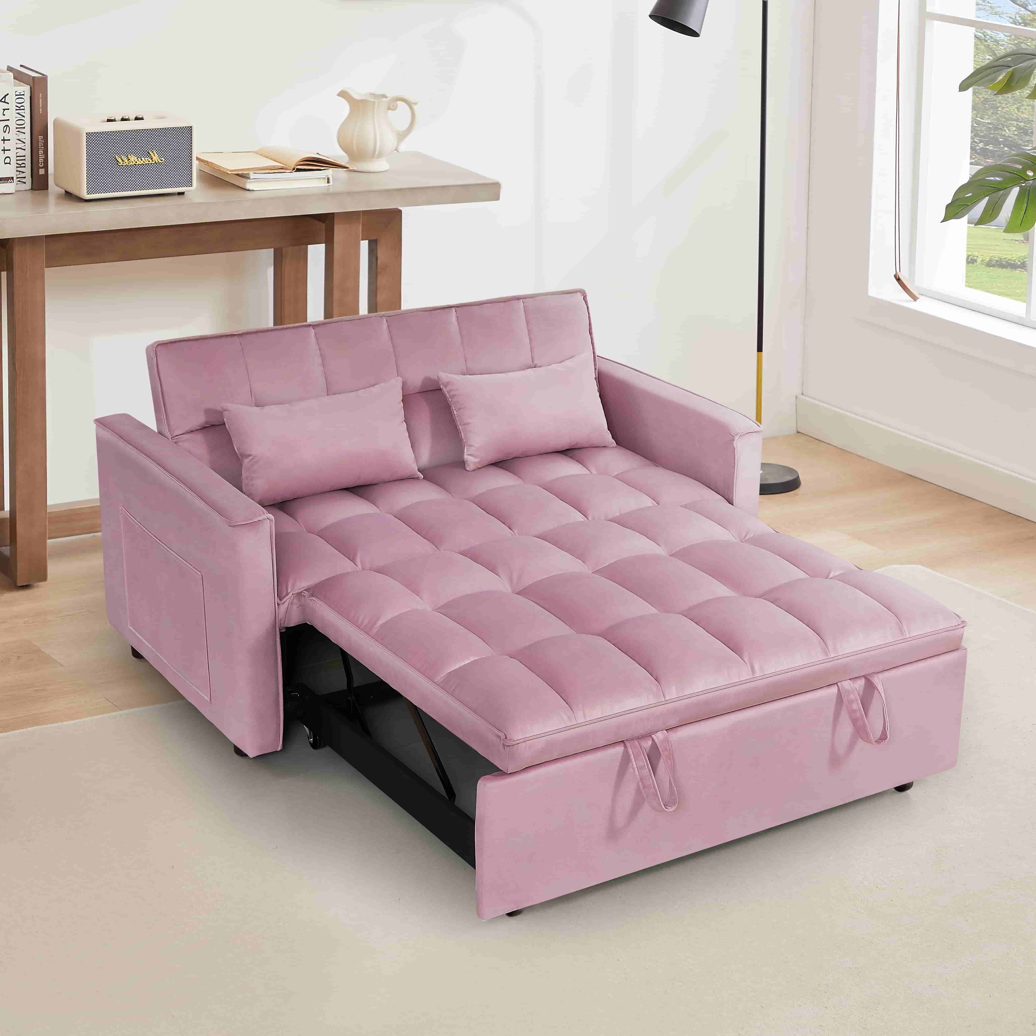 BSHTI 54-inch Pull-out Sleeper Sofa Bed, Velvet Upholstery, Solid Wood Frame, 3-Angle Adjustable Backrest, Storage Side Pocket, Twin-Size Bed, Pink