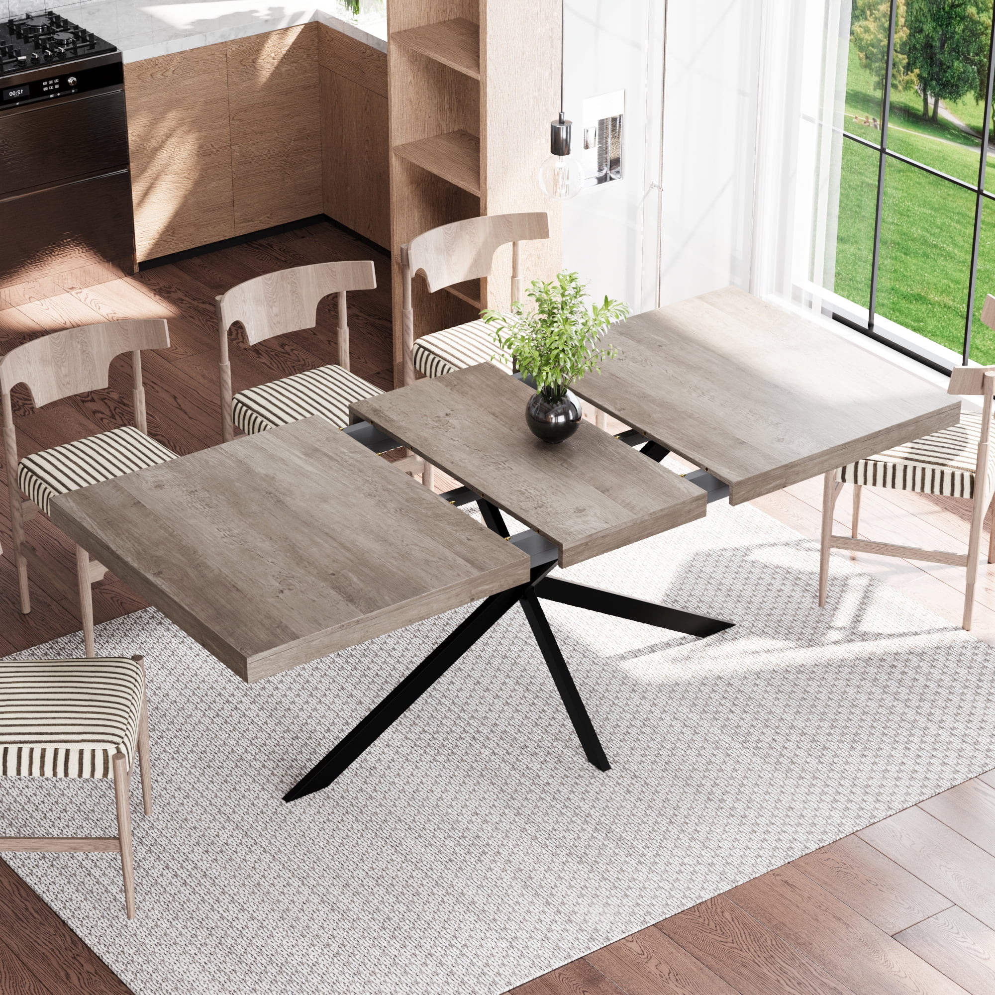BSHTI 55.11"-70.86" MDF Extendable Rectangular Dining Table with Metal Base and Storage Box for Kitchen/Dining Room（Gray）