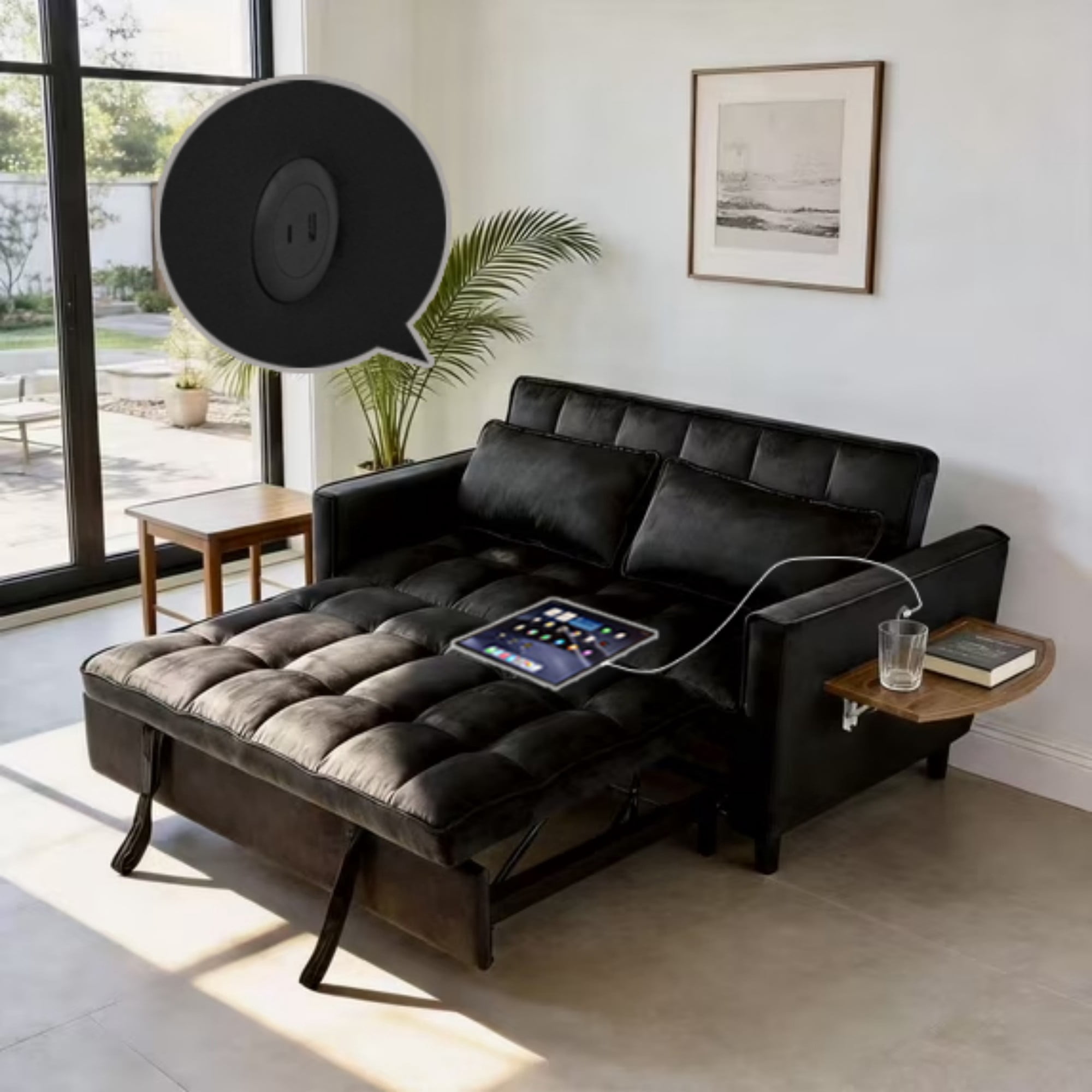 BSHTI 55.31” Velvet Pull Out Sofa Bed ,Sleeper Sofa with USB & Storage, Reclining Backrest, Foldable Side Table, Living Room Couch, Office Couch,Black