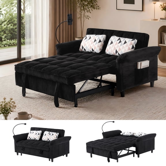 BSHTI 58.27" Corduroy Convertible Sofa Bed, Pull Out Sleeper Loveseat with Solid Wood Frame, 3 Adjustable Backrest, Storage Pocket, Easy Assembly for Living Room, Guest Room(Black)