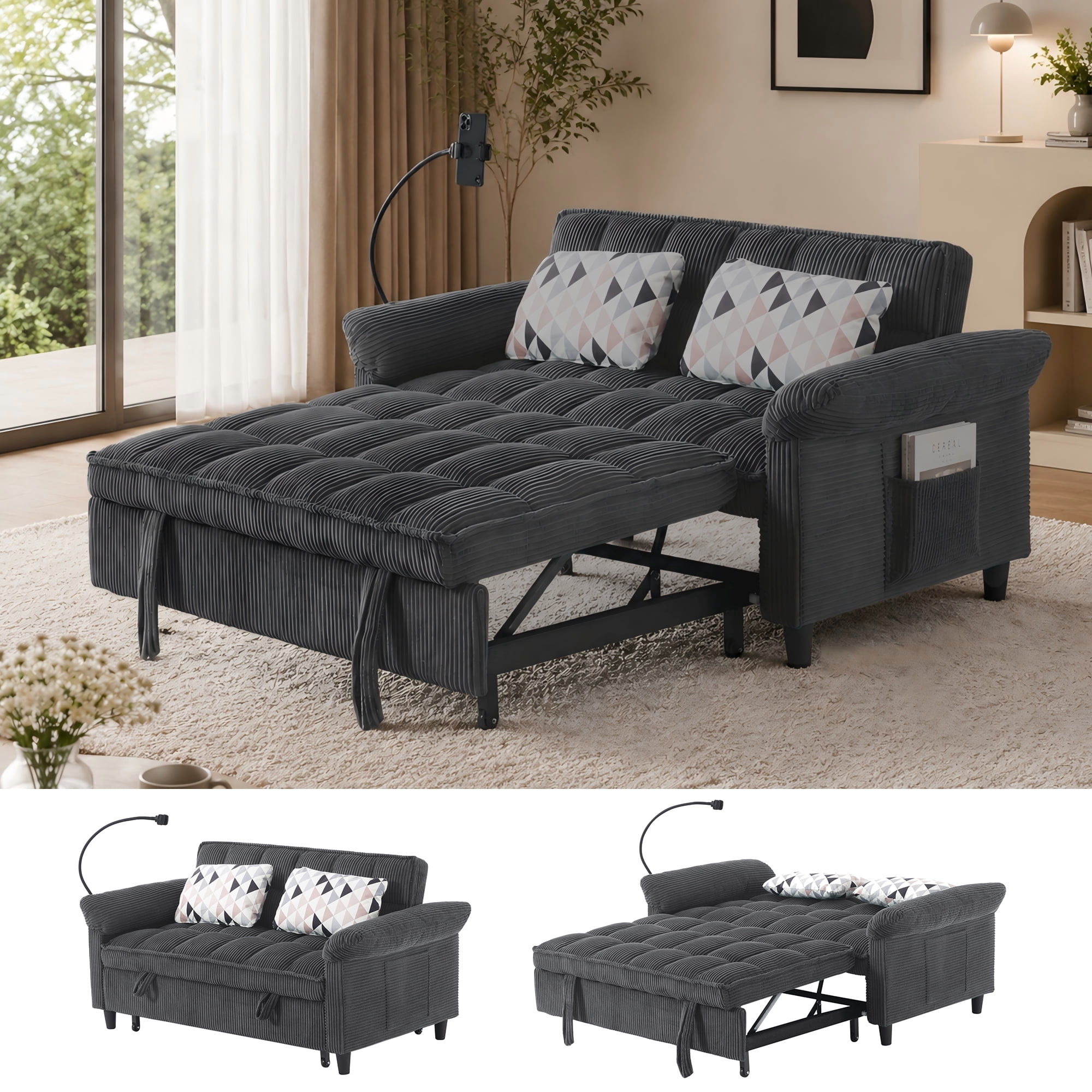 BSHTI 58.27" Corduroy Convertible Sofa Bed with Pull Out Sleeper, 3-Position Backrest, Storage Pocket for Living Room Guest Room, Black（Dark Grey）