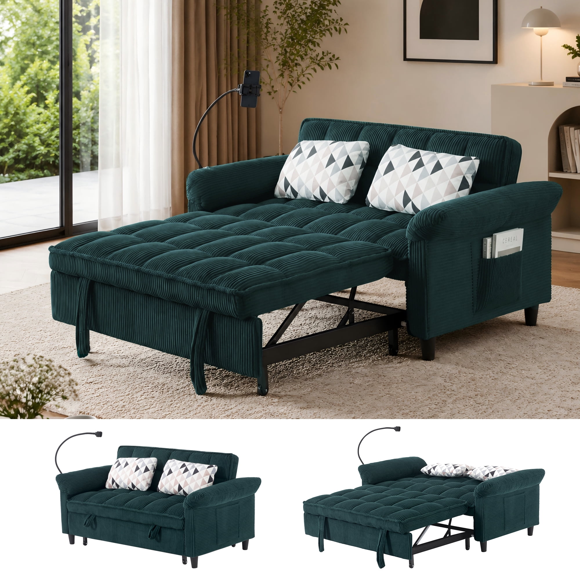 BSHTI 58.27" Corduroy Convertible Sofa Bed with Pull Out Sleeper, 3-Position Backrest, Storage Pocket for Living Room Guest Room, Black（Green）
