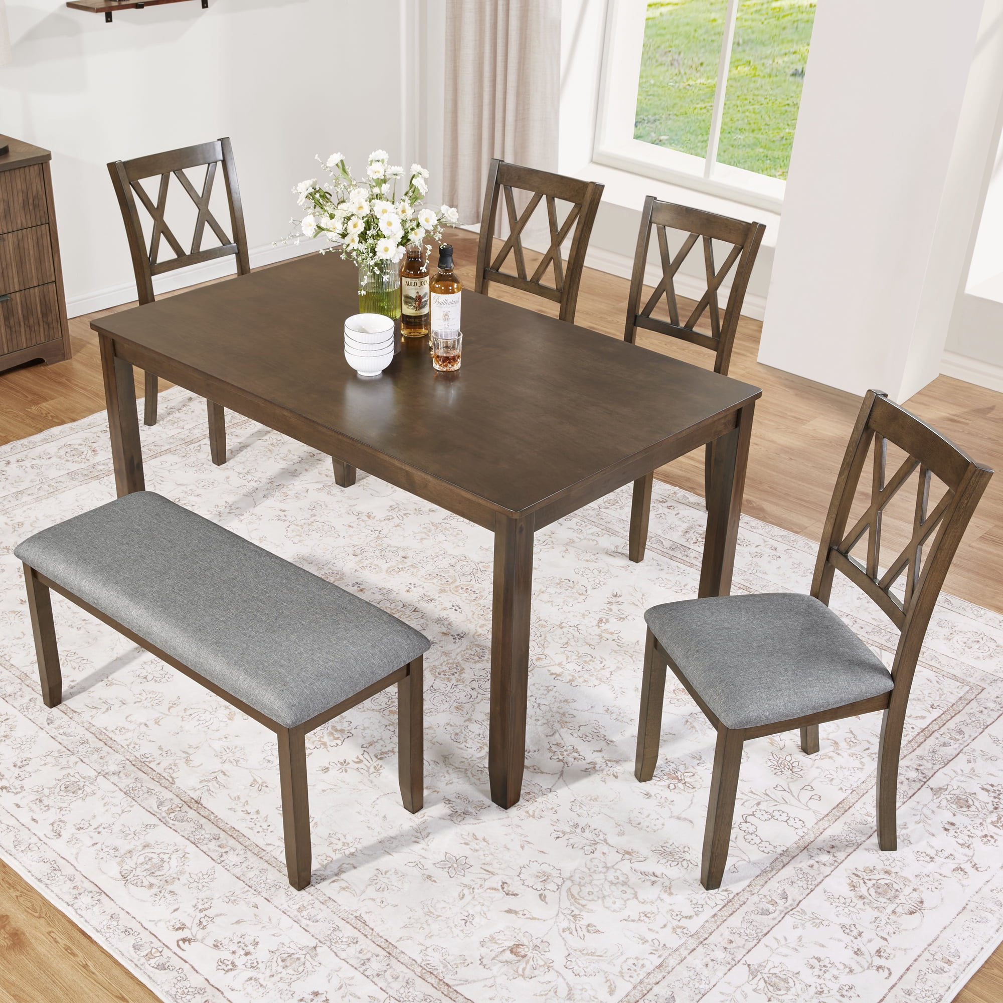 BSHTI 58.5" Acacia Wood & MDF 6-Piece Dining Table Set with Vertical X-Back Upholstered Chairs and Bench for Dining Room(Walnut)