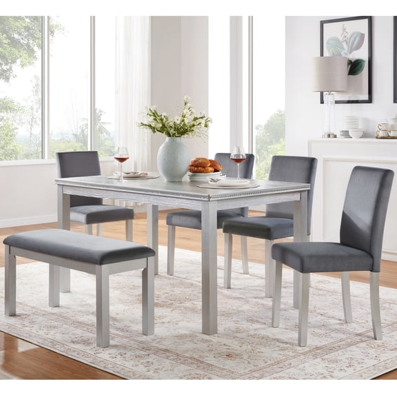BSHTI 58.5" Modern Wood 6-Piece Dining Table Set with Upholstered Chairs, Bench, Strong and Durable for Kitchen/Dining RoomSilver Grey