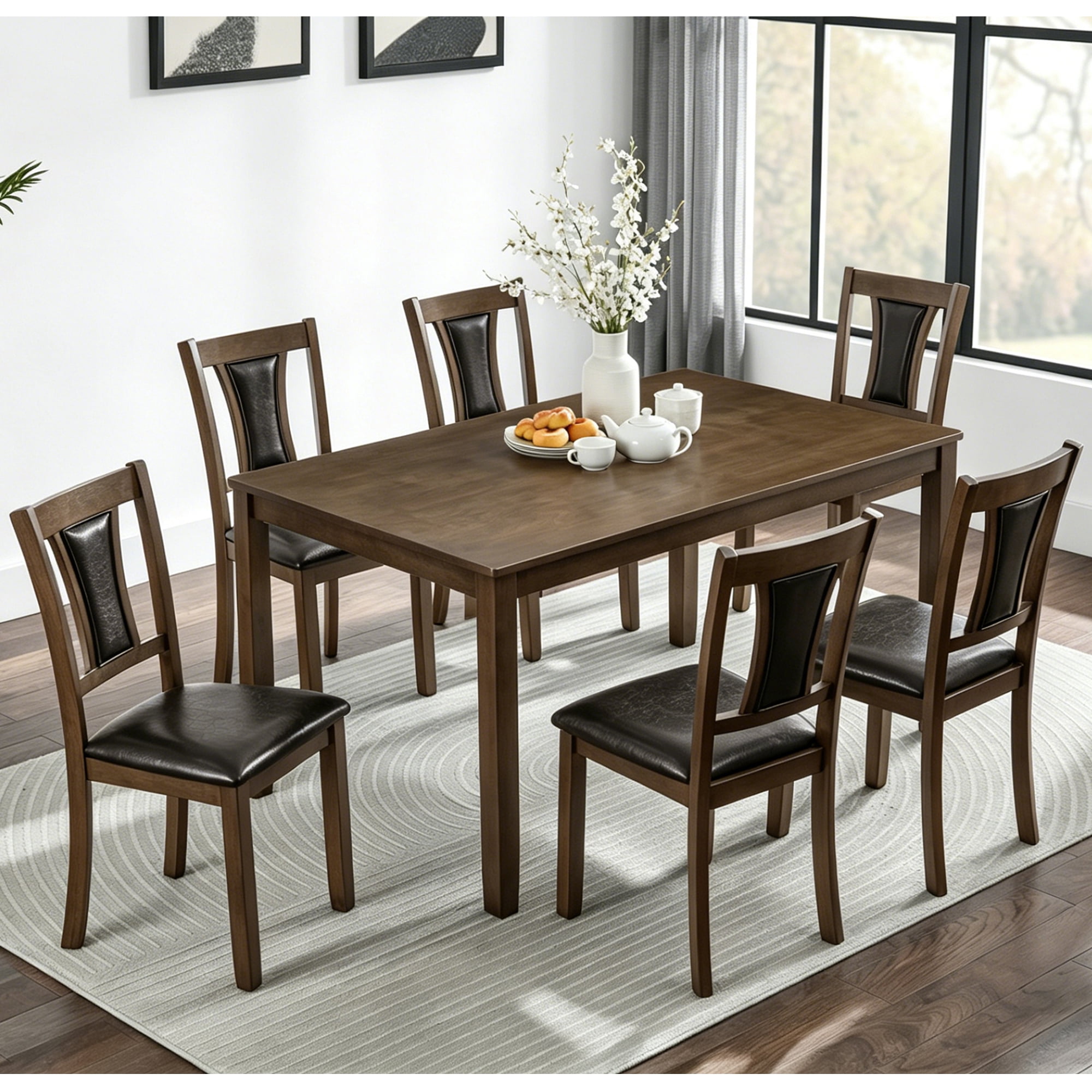 BSHTI 58.5" Walnut Wood 7-Piece Dining Table Set with 6 Upholstered Chairs, Stable Structure, Comfortable Seating for Dining Room(Walnut)