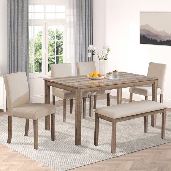 BSHTI 58.5" Wood Modern 6-Piece Dining Table Set with Fabric Upholstered Chairs, Bench, Rustic Design for Kitchen/Dining Room(Brown)