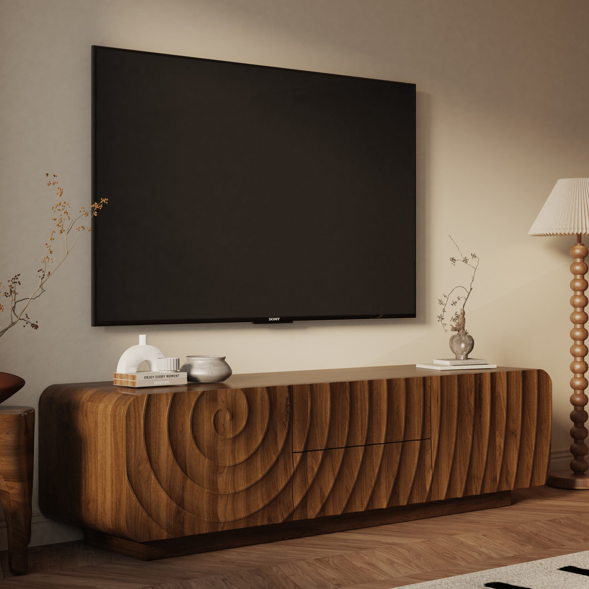 BSHTI 58"Wide Rustic Wood Long TV Stand with Storage Cabinet, 2 Drawers, Spiral Wave Design, Sturdy Legs for Living Room (Brown)