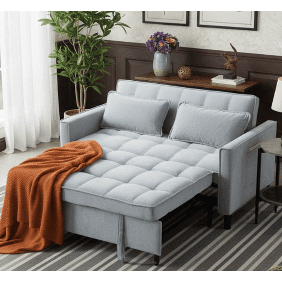 BSHTI 53.95 inch Pull-out Futon Sofa Bed,Twin Size Upholstered with Velvet Fabric Futon Sleeper,Reclined in 5 Angles Sofa Bed,for Home,Office,and Guest Room
