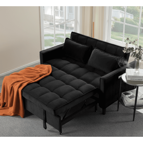 BSHTI 53.95 inch Pull-out Futon Sofa Bed,Twin Size Upholstered with Velvet Fabric Futon Sleeper,Reclined in 5 Angles Sofa Bed,for Home,Office,and Guest Room