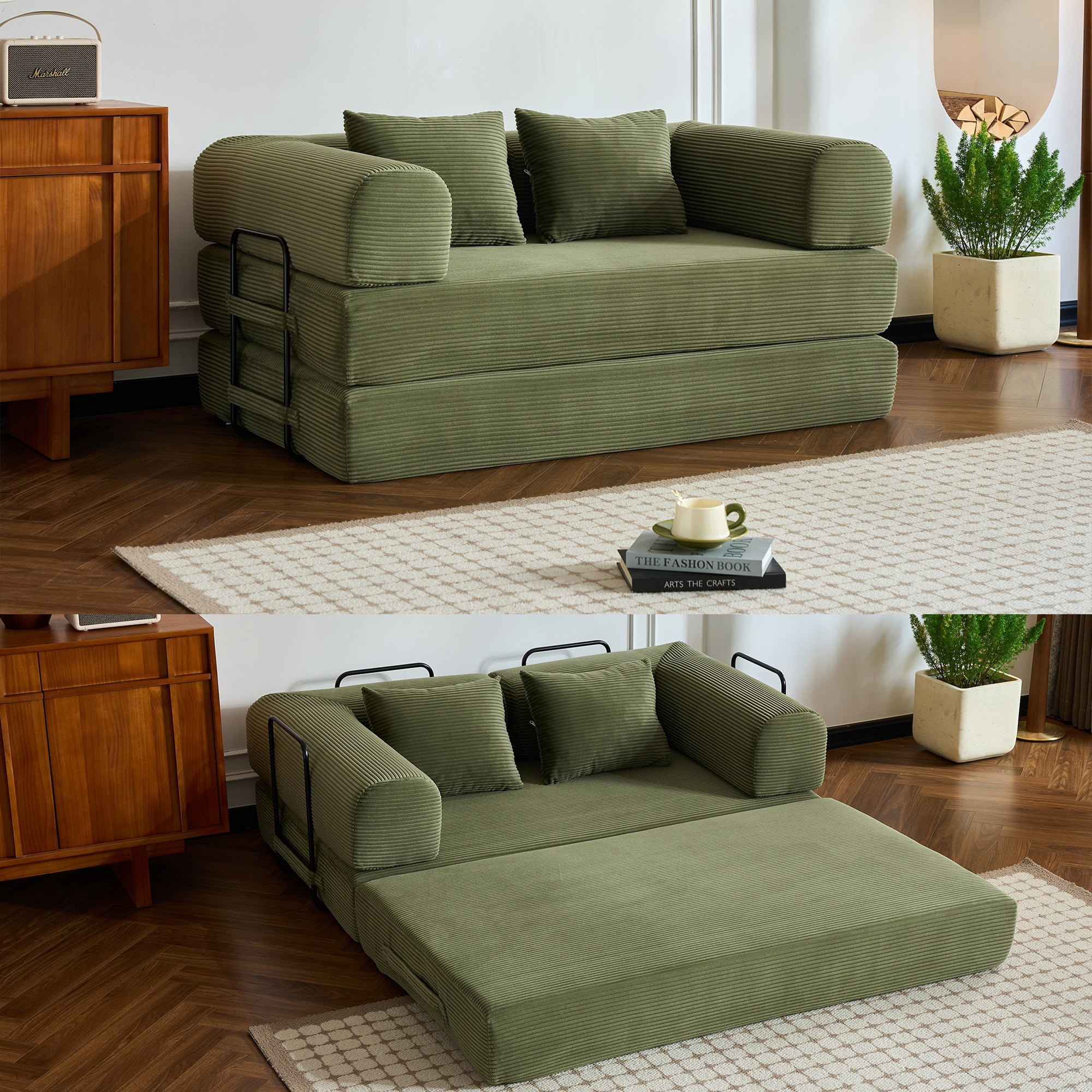 BSHTI 59" Corduroy Convertible Sleeper Sofa Bed with Cylindrical Pillow, No Assembly, Small Space for Living Room（Green）