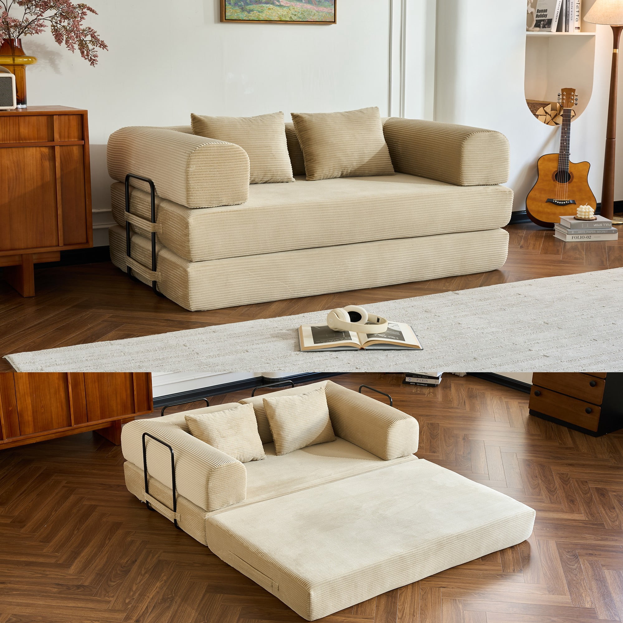 BSHTI 59" Corduroy Convertible Sleeper Sofa Bed with Cylindrical Pillow, No Assembly, Small Space for Living Room（Beige）