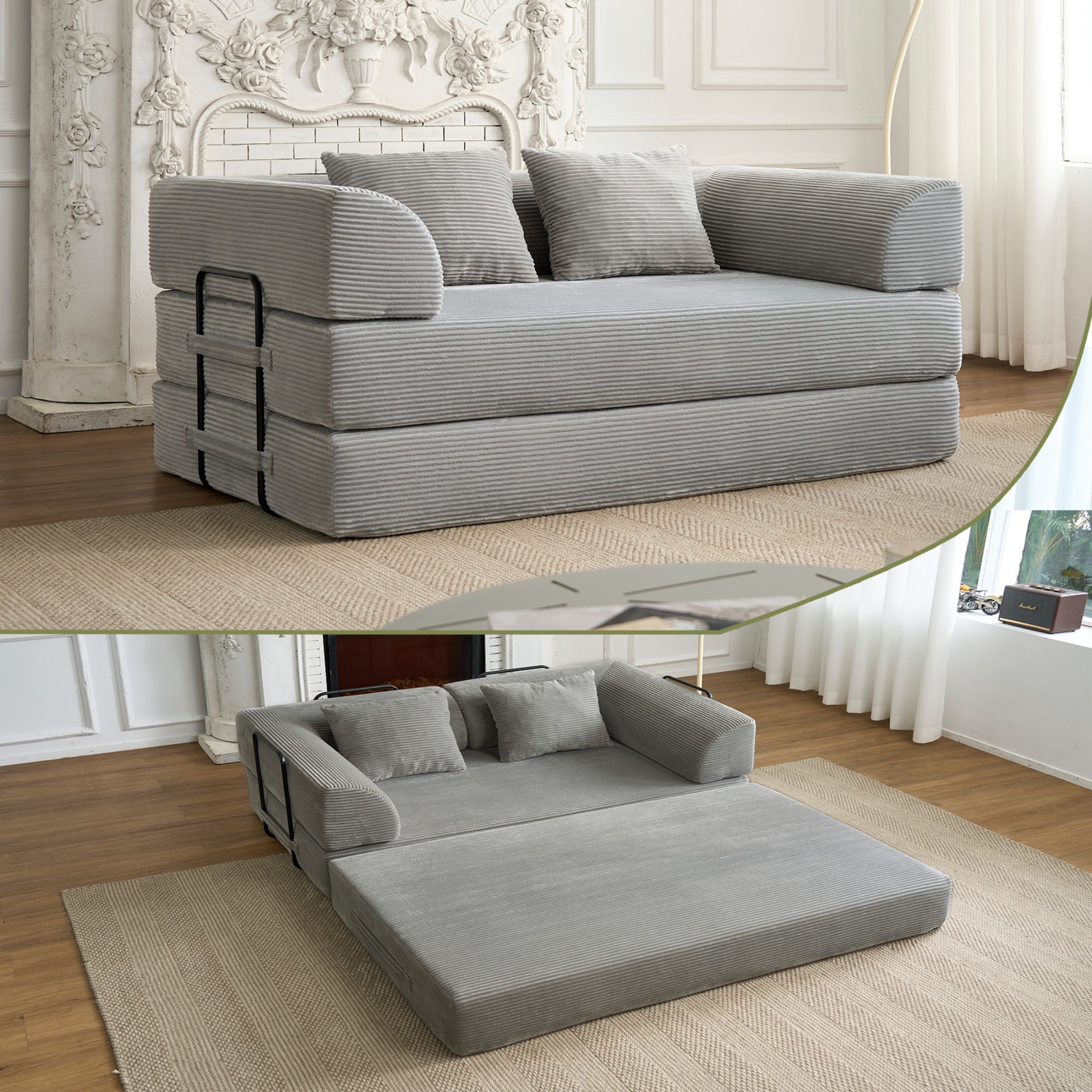 BSHTI 59" Corduroy Convertible Sleeper Sofa Bed with Cylindrical Pillow, No Assembly, Small Space for Living Room（Light Gray）