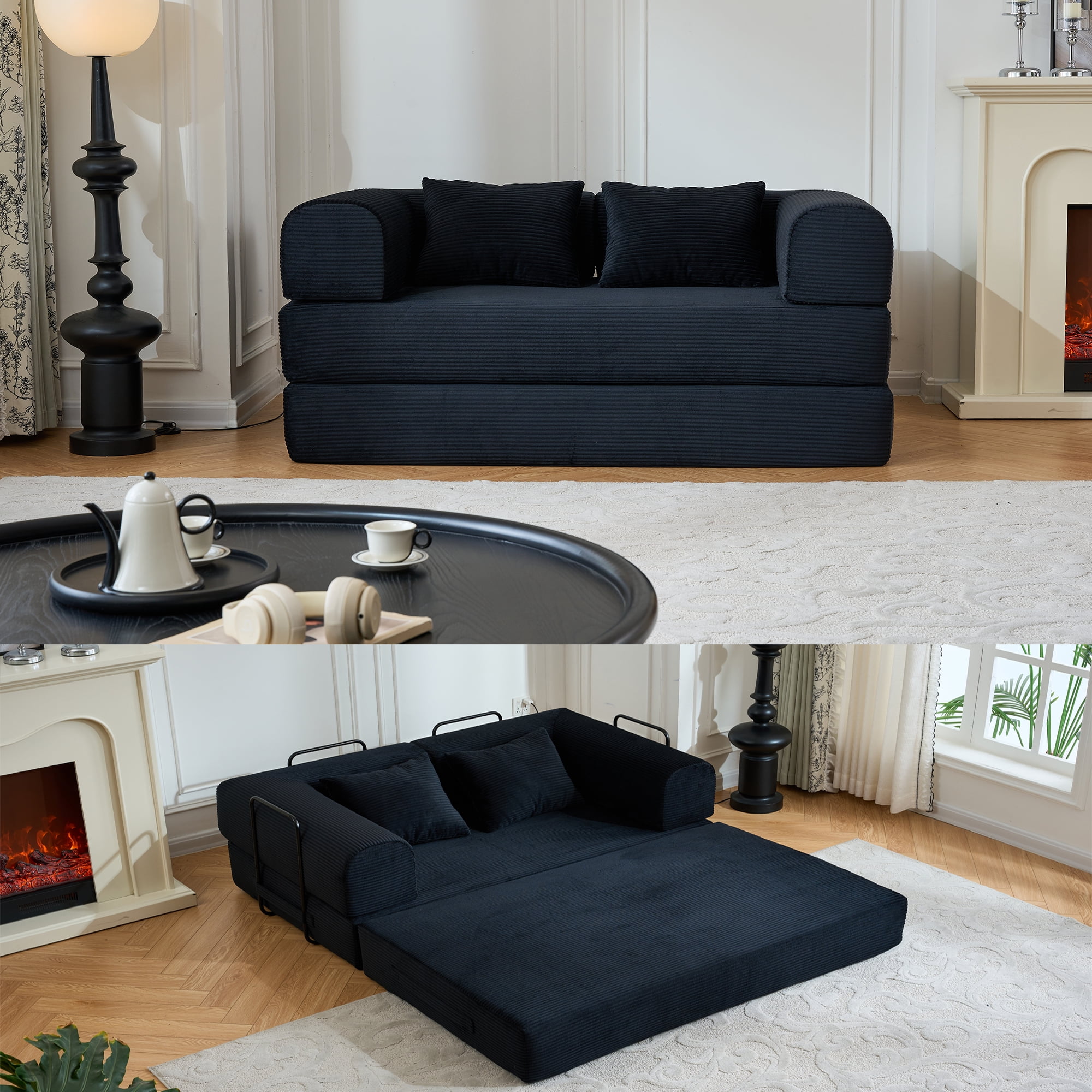 BSHTI 59" Casual Corduroy Convertible Sleeper Sofa Bed with Cylindrical Pillow, No Assembly, Small Space for Living Room（Black）