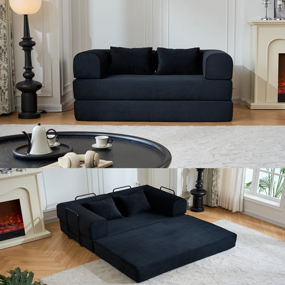 BSHTI 59" Casual Corduroy Convertible Sleeper Sofa Bed with Cylindrical Pillow, No Assembly, Small Space for Living Room(Black)