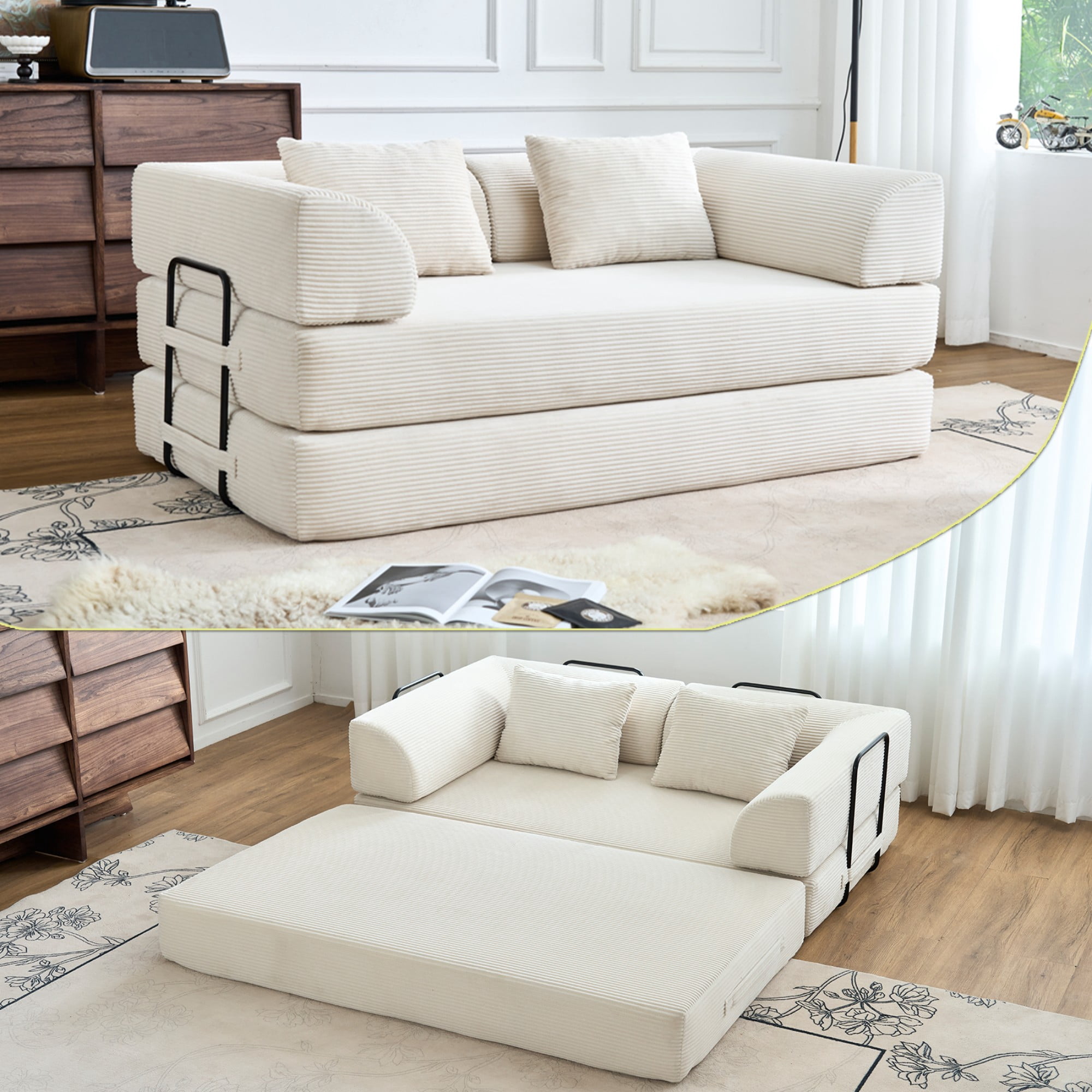 BSHTI 59" Corduroy Convertible Sleeper Sofa Bed with Cylindrical Pillow, No Assembly, Small Space for Living Room（Beige White）