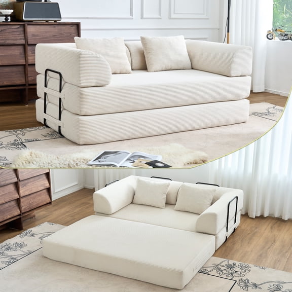 BSHTI 59" Corduroy Convertible Sleeper Sofa Bed with Cylindrical Pillow, No Assembly, Small Space for Living Room(Beige White)