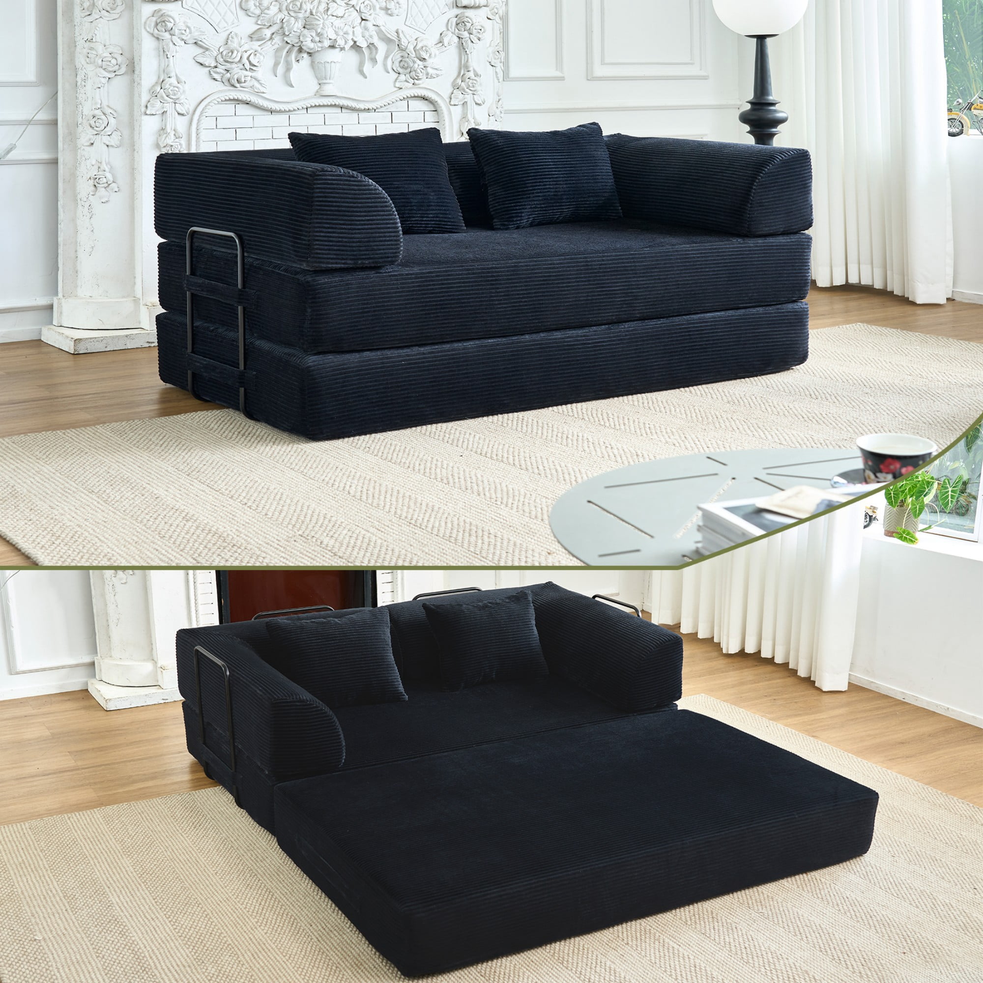 BSHTI 59" Corduroy Convertible Sleeper Sofa Bed with Cylindrical Pillow, No Assembly, Small Space for Living Room（Black）