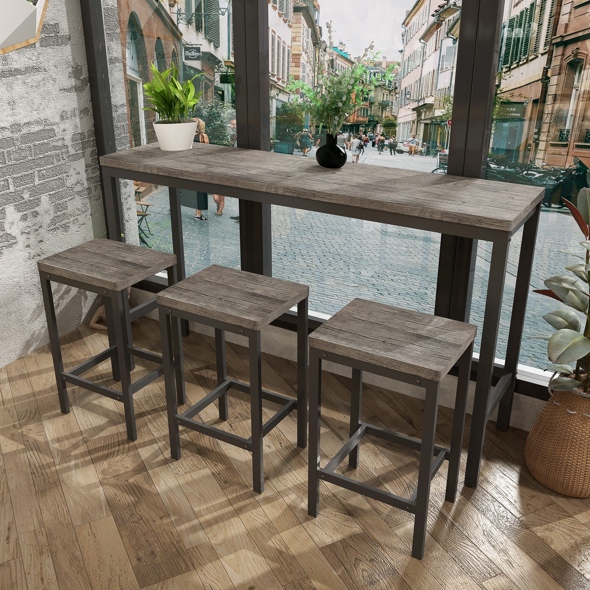 BSHTI 60.24" MDF Dining Room Table Set with Metal Frame, 3 Stools, Space-Saving Design for Kitchen Dining Room(Brown Gray)