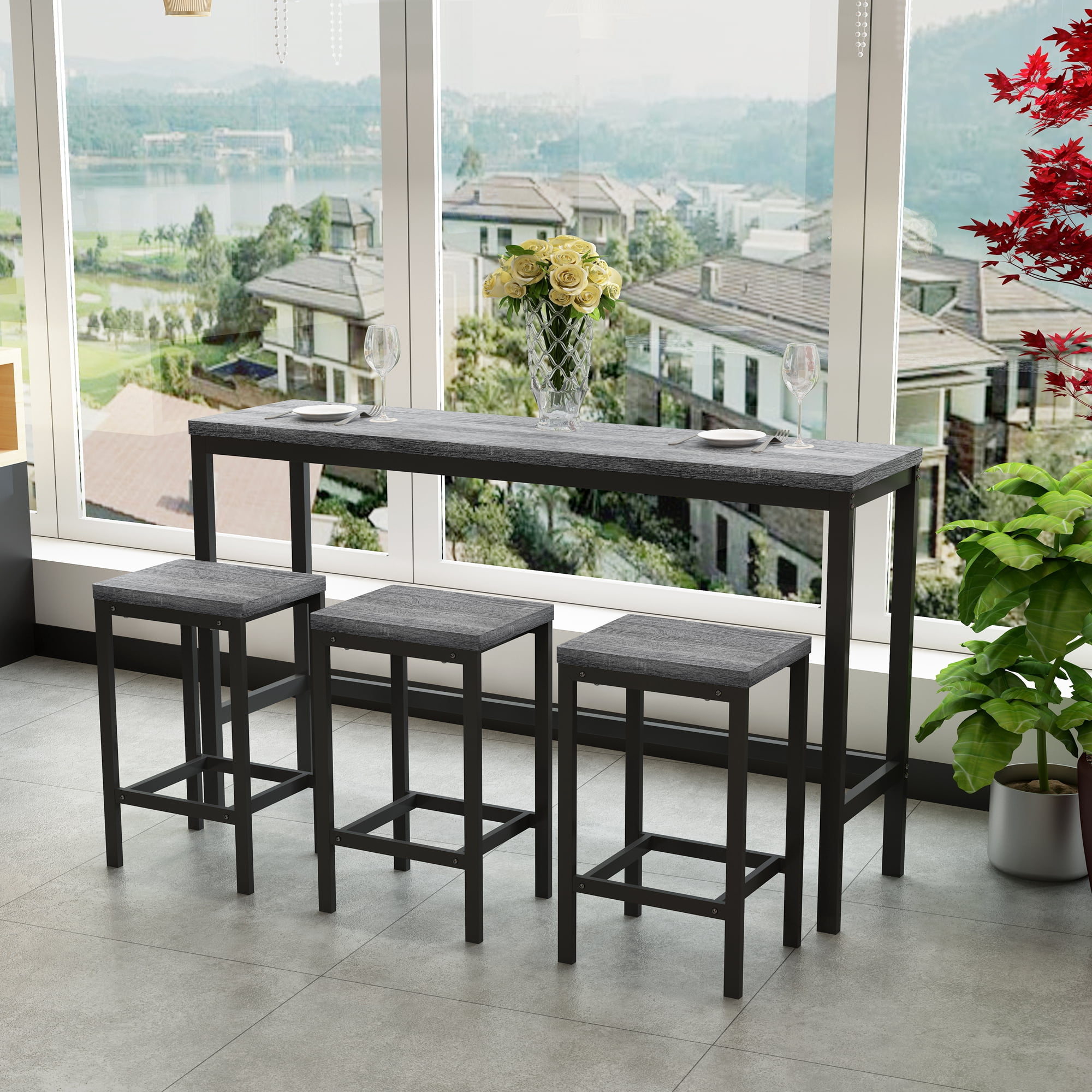 BSHTI 60.24" MDF Dining Room Table Set with Metal Frame, 3 Stools, Space-Saving Design for Kitchen Dining Room(Gray）