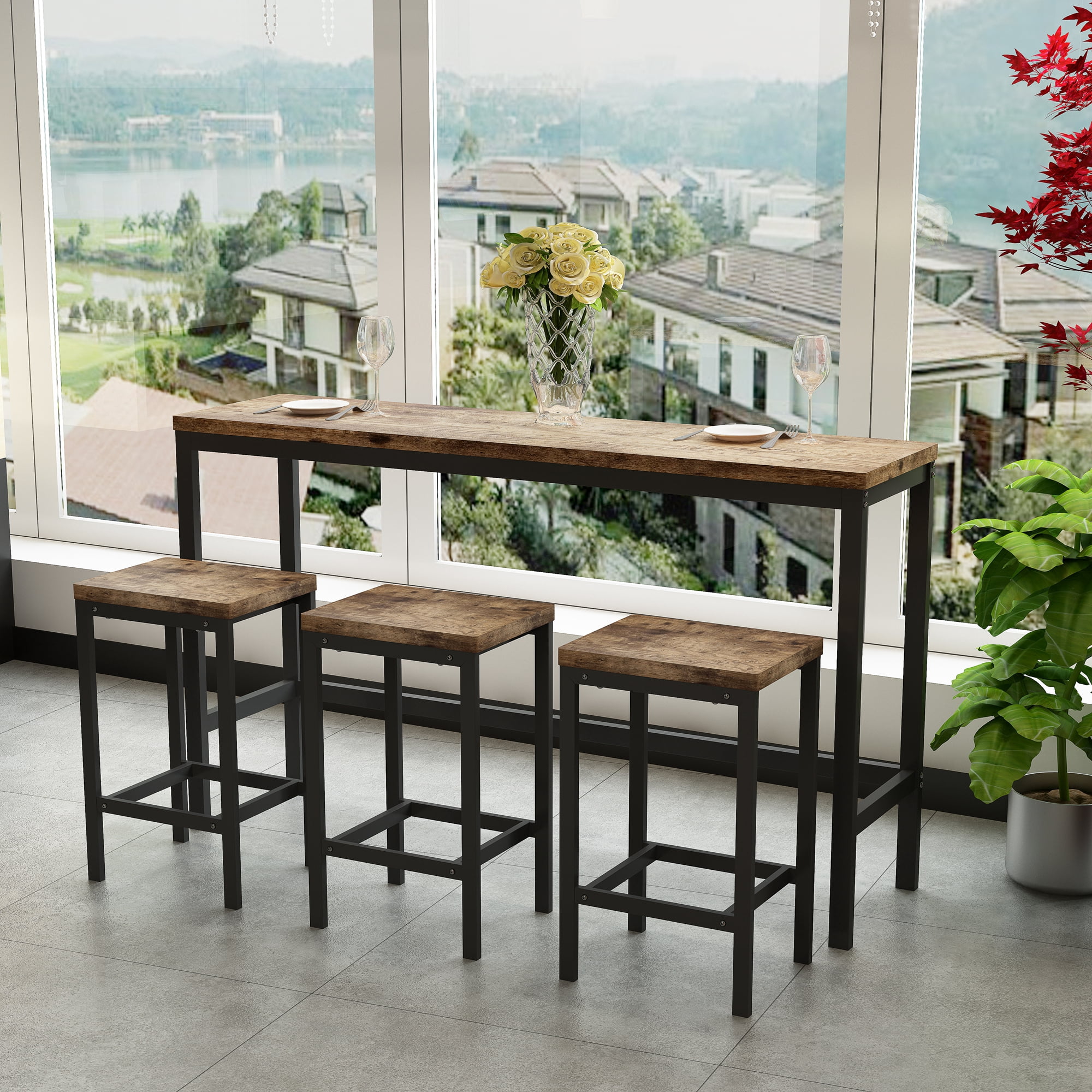 BSHTI 60.24" MDF Dining Room Table Set with Metal Frame, 3 Stools, Space-Saving Design for Kitchen Dining Room(Natural)