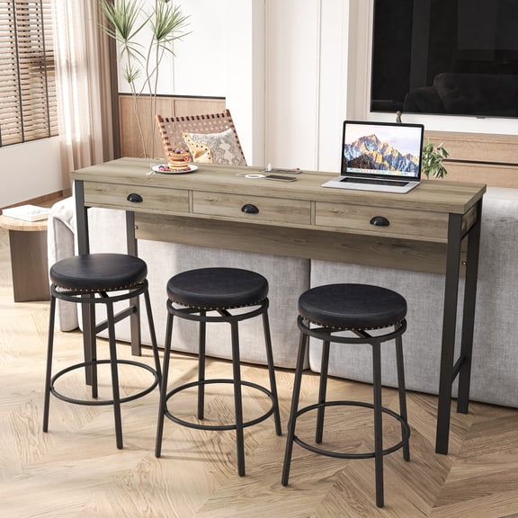 BSHTI 60.24" MDF Dining Room Table Set with Metal Frame, Power Outlets, 3 Circular PU Stools, 3 Drawers for Kitchen(Brown Gray+Black)
