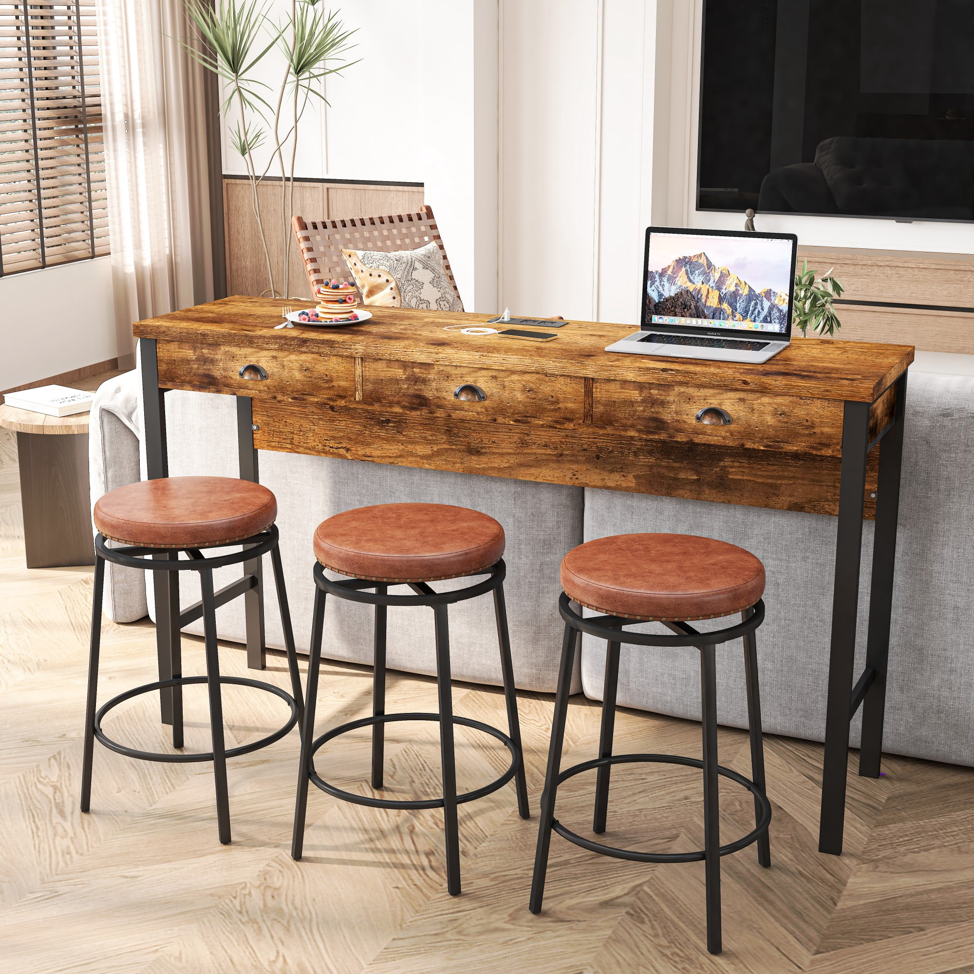 BSHTI 60.24" MDF Dining Room Table Set with Metal Frame, Power Outlets, 3 Circular PU Stools, 3 Drawers for Kitchen(Brown)