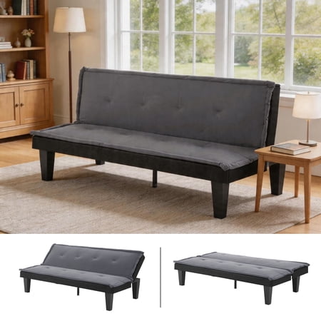 BSHTI 62.99" Faux Suede Futon Sofa Bed, 5-Position Adjustable Backrest, Converts to Sleeper, for Small Space, Gray