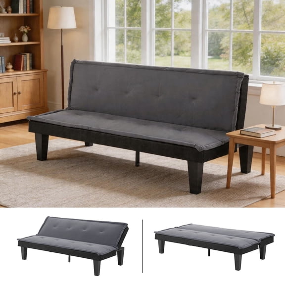 BSHTI 62.99" Faux Suede Futon Sofa Bed, 5-Position Adjustable Backrest, Converts to Sleeper, for Small Space, Gray