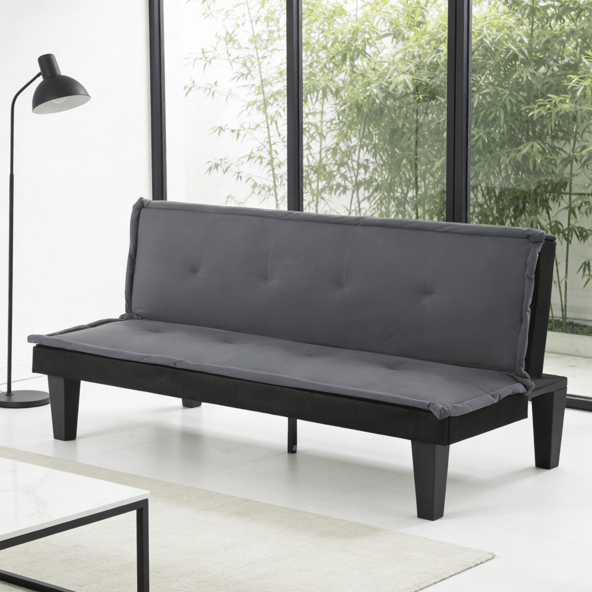 BSHTI 62.99" Faux Suede Futon Sofa Bed, 5-Position Adjustable Backrest, Converts to Sleeper, for Small Space, Gray