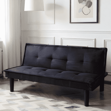 BSHTI 63.2" Convertible Futon Sofa Bed, Features 3 Adjustable Backrest Positions, Twin Size, Faux Suede Upholstered Sleeper, Black
