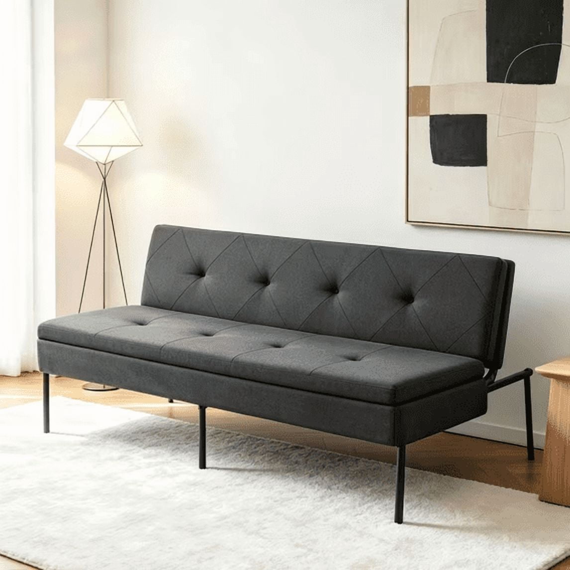 BSHTI 63.39” Futon Sofa Bed, 5 Adjustable Positions, Iron Frame with Black, Polyester Fabric, Convertible Sleeper for Living Room Office, Small Spaces,Dark Gray